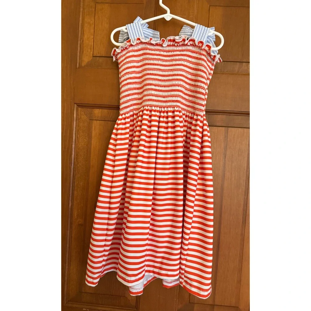 BB Baby Crab Smocked Sundress Girls Size 7 Striped Bow Sleeves Summer Resortwear - Picture 7 of 15